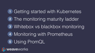 Getting started with Kubernetes1
2
3
4
The monitoring maturity ladder
Whitebox vs blackbox monitoring
Monitoring with Prom...