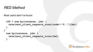 RED Method
Most useful alert I’ve found:

100 * sum by(instance, job) (
rate(rest_client_requests_total{code!~”2..”}[5m])
)
/
sum by(instance, job) (
rate(rest_client_requests_total[5m])
)
 