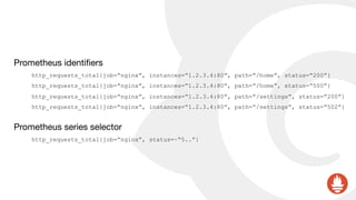 Prometheus identiﬁers

http_requests_total{job=“nginx”, instances=“1.2.3.4:80”, path=“/home”, status=“200”}
http_requests_total{job=“nginx”, instances=“1.2.3.4:80”, path=“/home”, status=“500”}
http_requests_total{job=“nginx”, instances=“1.2.3.4:80”, path=“/settings”, status=“200”}
http_requests_total{job=“nginx”, instances=“1.2.3.4:80”, path=“/settings”, status=“502”}
Prometheus series selector

http_requests_total{job=“nginx”, status=~“5..”}
 