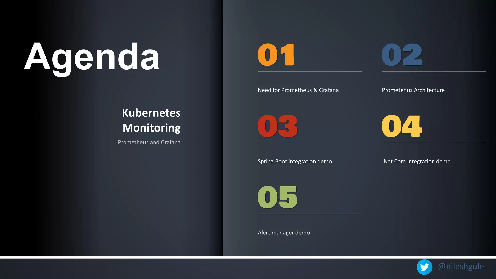 @nileshgule
Kubernetes
Monitoring
Prometheus and Grafana
Need for Prometheus & Grafana Prometehus Architecture
Spring Boot integration demo .Net Core integration demo
Alert manager demo
Agenda
 