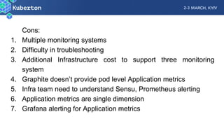 Cons:
1. Multiple monitoring systems
2. Difficulty in troubleshooting
3. Additional Infrastructure cost to support three monitoring
system
4. Graphite doesn’t provide pod level Application metrics
5. Infra team need to understand Sensu, Prometheus alerting
6. Application metrics are single dimension
7. Grafana alerting for Application metrics
 