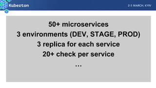 50+ microservices
3 environments (DEV, STAGE, PROD)
3 replica for each service
20+ check per service
…
 