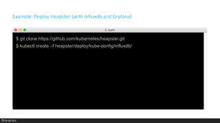 Example: Deploy Heapster (standalone)
$ git clone https://github.com/kubernetes/heapster.git
$ kubectl create –f heapster/deploy/kube-config/standalone/
 