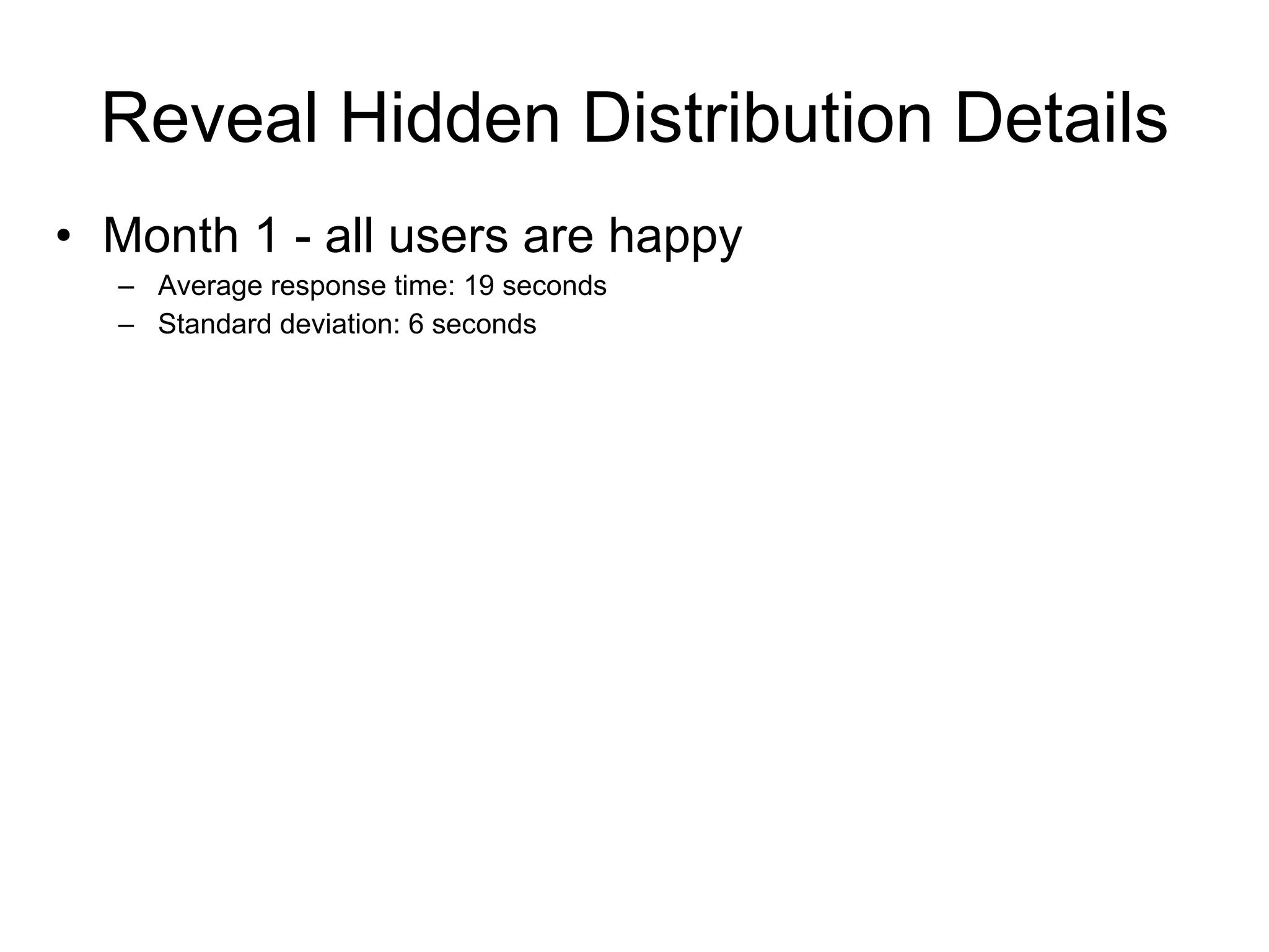 Reveal Hidden Distribution Details Month 2 - some users are complaining Average response time: 19 seconds Standard deviation: 6 seconds 