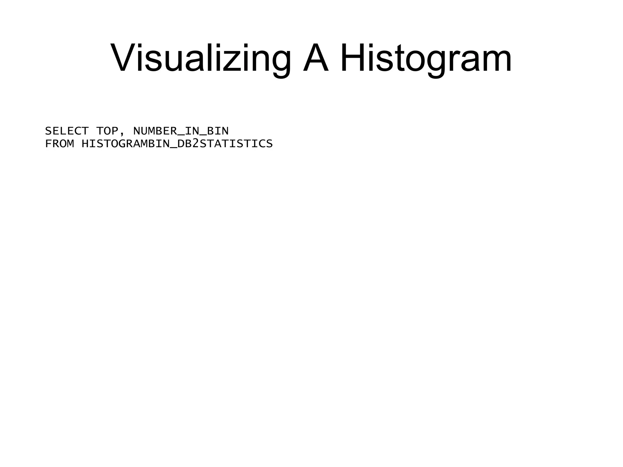 Visualizing A Histogram SELECT TOP, NUMBER_IN_BIN FROM HISTOGRAMBIN_DB2STATISTICS WHERE SERVICE_CLASS_ID = 13 