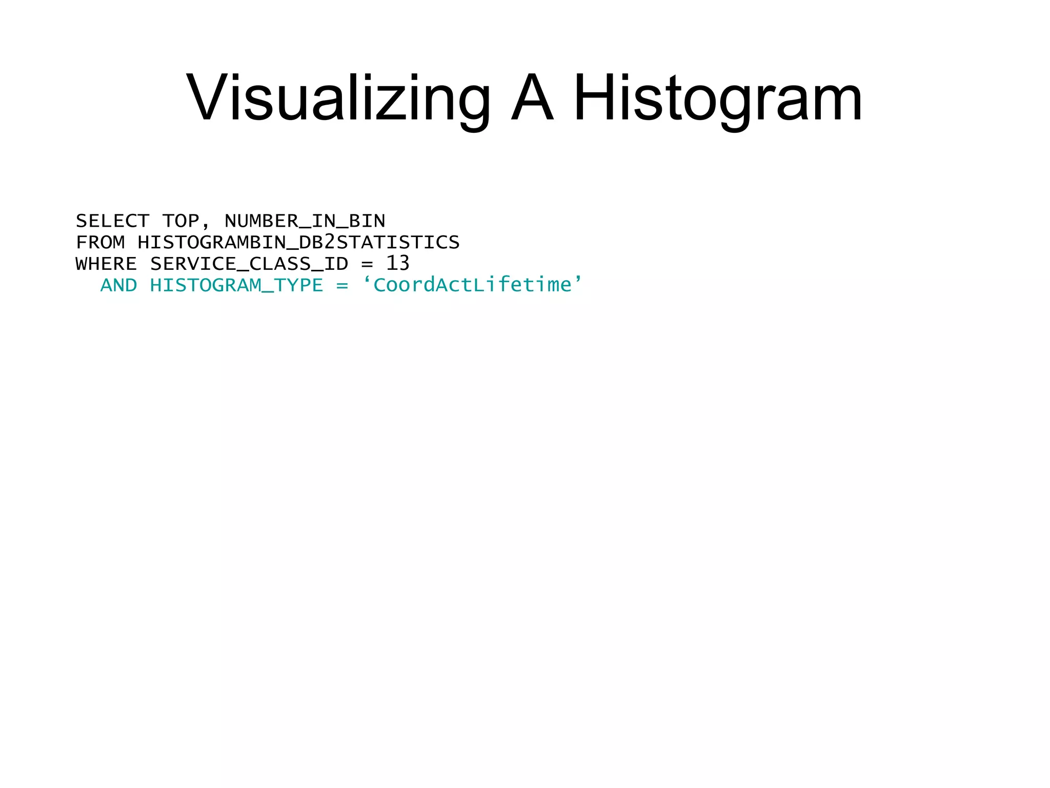 Visualizing A Histogram SELECT TOP, NUMBER_IN_BIN FROM HISTOGRAMBIN_DB2STATISTICS WHERE SERVICE_CLASS_ID = 13     AND HISTOGRAM_TYPE = ‘CoordActLifetime’ AND STATISTICS_TIMESTAMP = ‘2009-03-12-14.30.00.000000’ 
