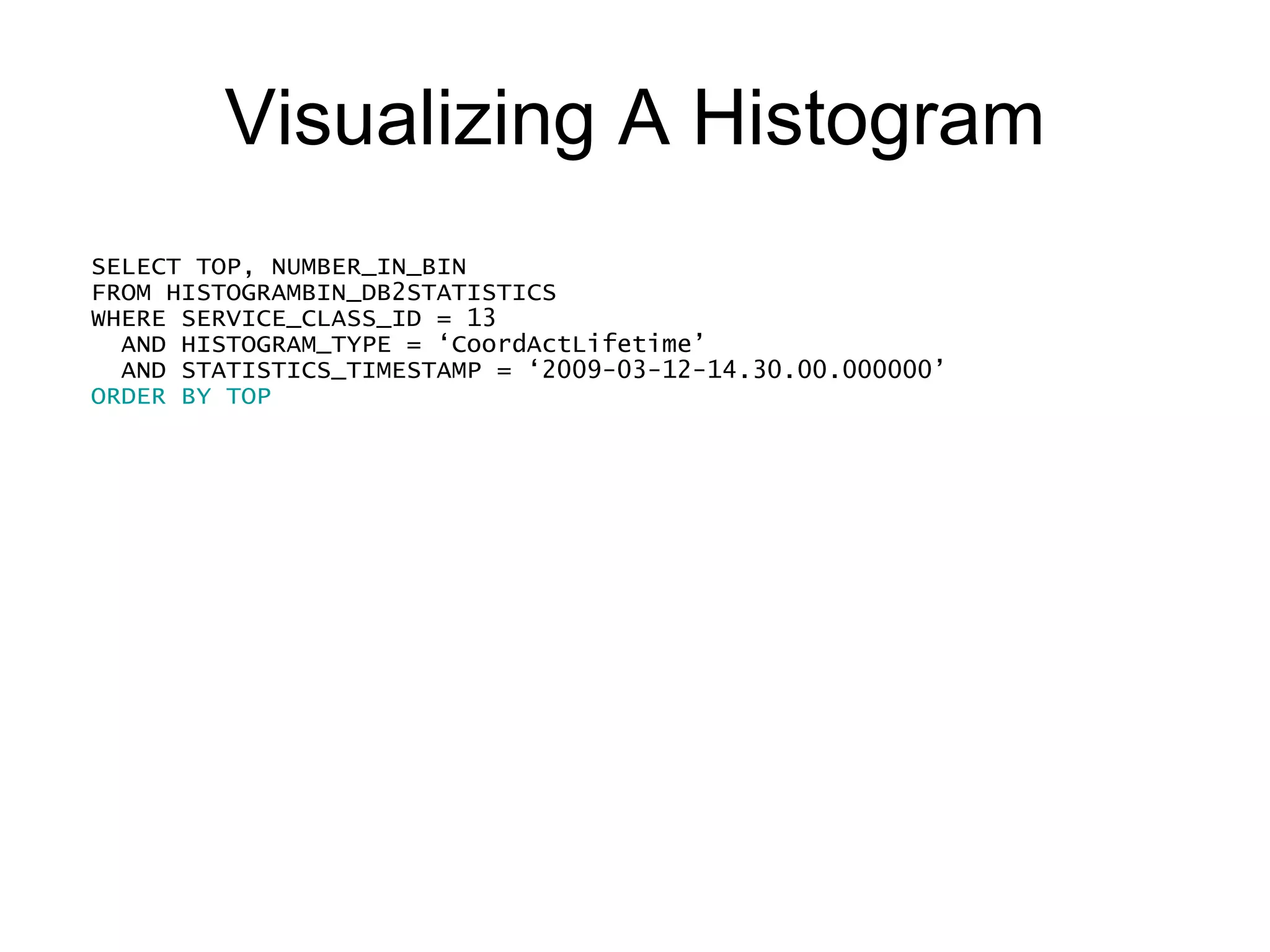 Visualizing A Histogram SELECT TOP, NUMBER_IN_BIN FROM HISTOGRAMBIN_DB2STATISTICS WHERE SERVICE_CLASS_ID = 13     AND HISTOGRAM_TYPE = ‘CoordActLifetime’ AND STATISTICS_TIMESTAMP = ‘2009-03-12-14.30.00.000000’ ORDER BY TOP  TOP         NUMBER_IN_BIN ----------- -------------           -1  0            1  1           2  6 3  21 5  179 8  298 12  141 19  47           29  5       44  2 68             0 