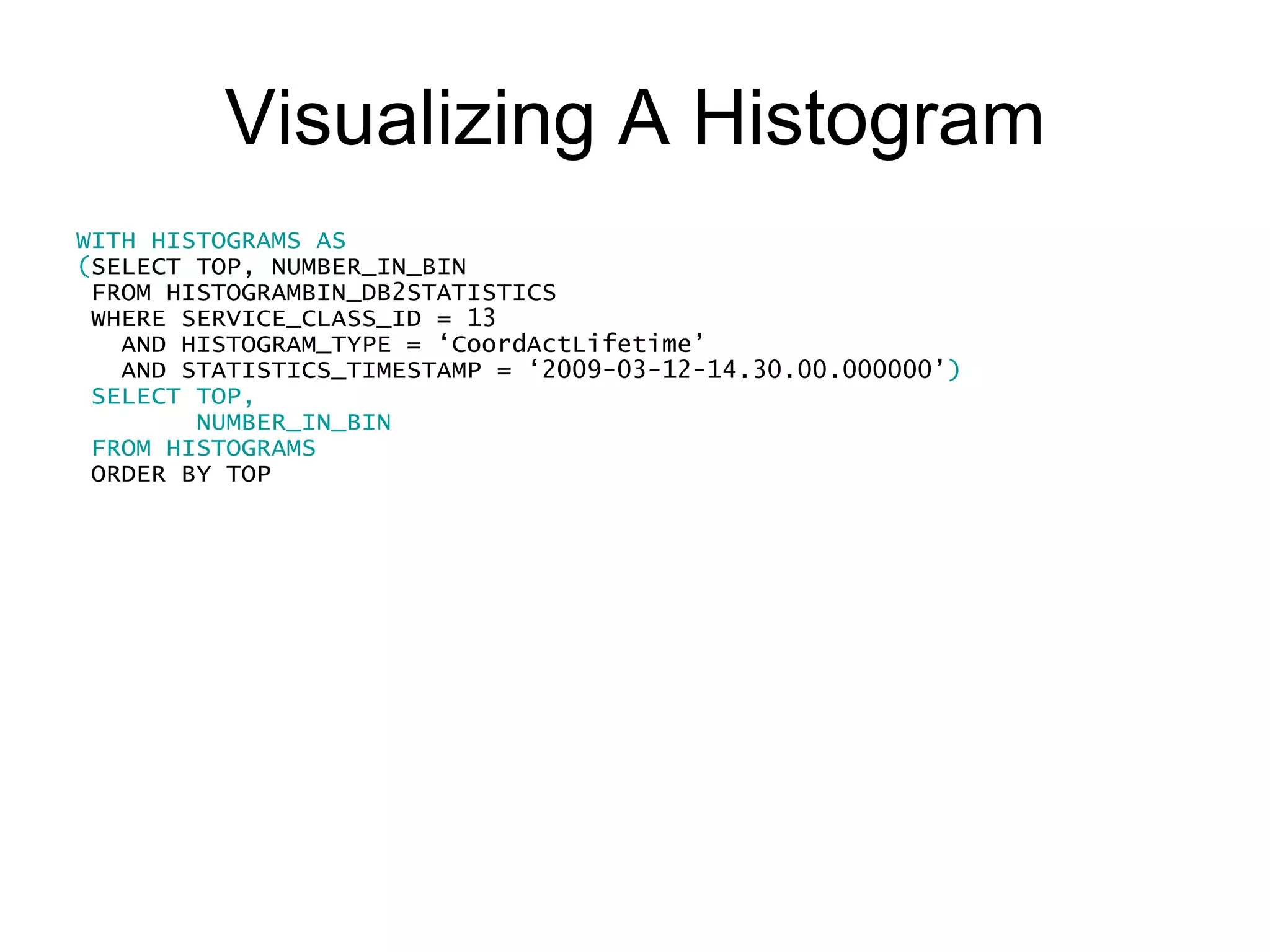 Visualizing A Histogram WITH HISTOGRAMS AS (SELECT TOP, NUMBER_IN_BIN FROM HISTOGRAMBIN_DB2STATISTICS WHERE SERVICE_CLASS_ID = 13     AND HISTOGRAM_TYPE = ‘CoordActLifetime’ AND STATISTICS_TIMESTAMP = ‘2009-03-12-14.30.00.000000’) SELECT TOP,  NUMBER_IN_BIN / (SELECT MAX(NUMBER_IN_BIN) FROM HISTOGRAMS) FROM HISTOGRAMS ORDER BY TOP 