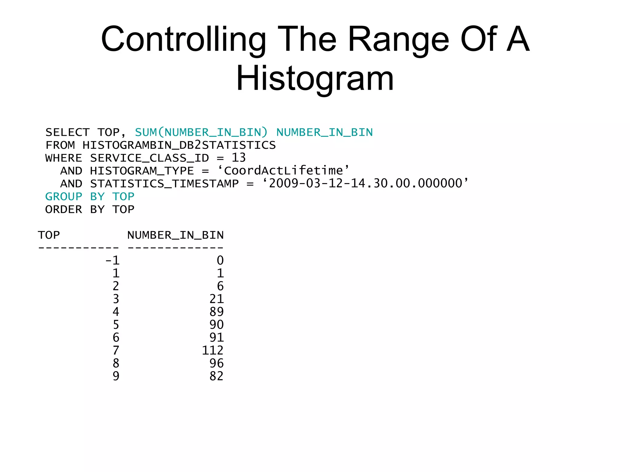 The Purpose Of The Infinite Bin The infinite bin, or catch-all bin, is the bin whose TOP is -1 Alerts you when the template fails to cover the entire range of the data To choose a better high bin value: For lifetime, use COORD_ACT_LIFETIME_TOP high watermark For estimated cost, use COST_ESTIMATE_TOP high watermark 
