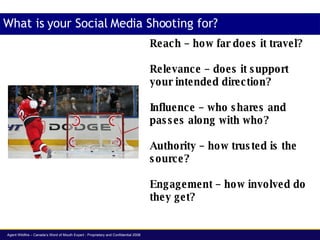 What is your Social Media Shooting for? Reach  – how far does it travel? Relevance  – does it support your intended direct...