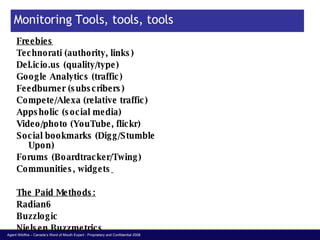 Monitoring Tools, tools, tools <ul><li>Freebies </li></ul><ul><li>Technorati (authority, links) </li></ul><ul><li>Del.icio...
