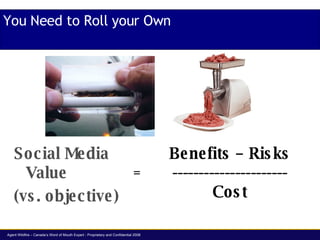 <ul><li>Social Media Value  </li></ul><ul><li>(vs. objective) </li></ul>You Need to Roll your Own = Benefits – Risks -----...