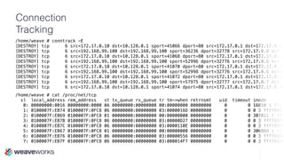 Connection
Tracking
/home/weave # conntrack -E
[DESTROY] tcp 6 src=172.17.0.10 dst=10.128.0.1 sport=41066 dport=80 src=172.17.0.1 dst=172.17.0.10
[DESTROY] tcp 6 src=192.168.99.100 dst=192.168.99.100 sport=36236 dport=32778 src=172.17.0.8 dst=1
[DESTROY] tcp 6 src=172.17.0.10 dst=10.128.0.1 sport=41068 dport=80 src=172.17.0.1 dst=172.17.0.10
[DESTROY] tcp 6 src=192.168.99.100 dst=192.168.99.100 sport=52996 dport=32776 src=172.17.0.6 dst=1
[DESTROY] tcp 6 src=172.17.0.10 dst=10.128.0.1 sport=41070 dport=80 src=172.17.0.1 dst=172.17.0.10
[DESTROY] tcp 6 src=192.168.99.100 dst=192.168.99.100 sport=52998 dport=32776 src=172.17.0.6 dst=1
[DESTROY] tcp 6 src=172.17.0.10 dst=10.128.0.1 sport=41072 dport=80 src=172.17.0.1 dst=172.17.0.10
[DESTROY] tcp 6 src=192.168.99.100 dst=192.168.99.100 sport=57975 dport=32777 src=172.17.0.7 dst=1
[DESTROY] tcp 6 src=172.17.0.10 dst=10.128.0.1 sport=41074 dport=80 src=172.17.0.1 dst=172.17.0.10
/home/weave # cat /proc/net/tcp
sl local_address rem_address st tx_queue rx_queue tr tm->when retrnsmt uid timeout inode
0: 00000000:0016 00000000:0000 0A 00000000:00000000 00:00000000 00000000 0 0 16810 1 ffff
1: 0100007F:EB74 0100007F:0FC8 06 00000000:00000000 03:0000016D 00000000 0 0 0 3 ffff8800
2: 0100007F:EB69 0100007F:0FC8 01 00000000:00000000 00:00000000 00000000 0 0 307011 1 fff
3: 0100007F:EB7B 0100007F:0FC8 06 00000000:00000000 03:00000D27 00000000 0 0 0 3 ffff8800
4: 0100007F:EB7C 0100007F:0FC8 06 00000000:00000000 03:0000110E 00000000 0 0 0 3 ffff8800
5: 0100007F:EB67 0100007F:0FC8 01 00000000:00000000 00:00000000 00000000 0 0 306868 1 fff
6: 0100007F:EB76 0100007F:0FC8 06 00000000:00000000 03:00000556 00000000 0 0 0 3 ffff8800
7: 0100007F:EB7F 0100007F:0FC8 06 00000000:00000000 03:000014F7 00000000 0 0 0 3 ffff8800
 