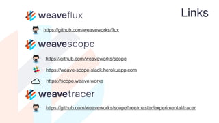 https://weave-scope-slack.herokuapp.com
https://github.com/weaveworks/scope
https://github.com/weaveworks/flux
https://scope.weave.works
Links
https://github.com/weaveworks/scope/tree/master/experimental/tracer
 