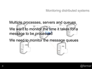 Monitoring distributed systems
Multiple processes, servers and queues
We want to monitor the time it takes for a
message t...
