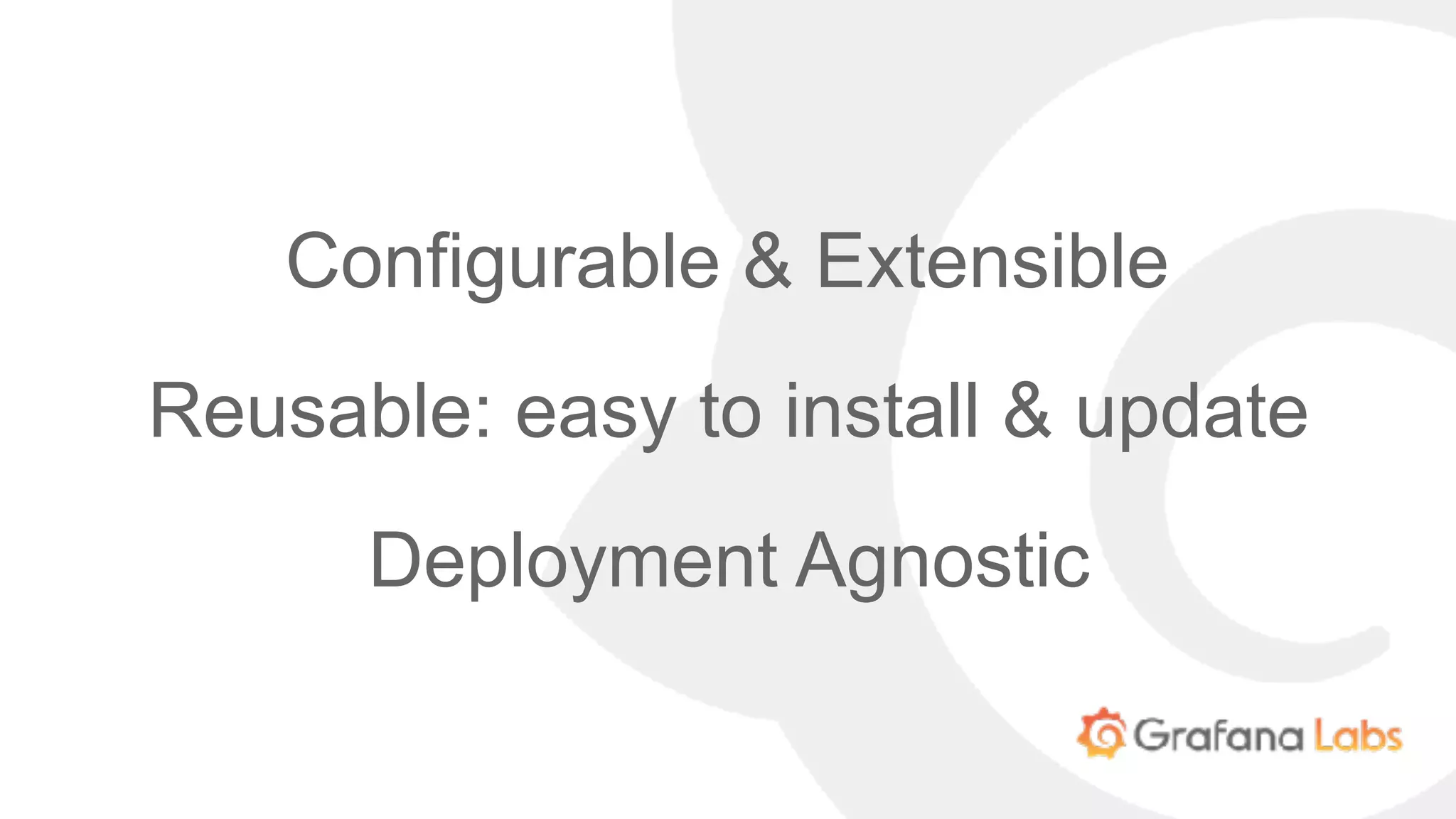 Configurable & Extensible
Reusable: easy to install & update
Deployment Agnostic
 