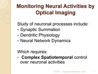 Monitoring Neural Activities by
Optical Imaging
Study of neuronal processes include:
 Synaptic Summation
 Dendritic Physiology
 Neural Network Dynamics
Which requires:
 Complex Spatiotemporal control
over neuronal activities
1/31/2015 1Prepared By MD KAFIUL ISLAM
 