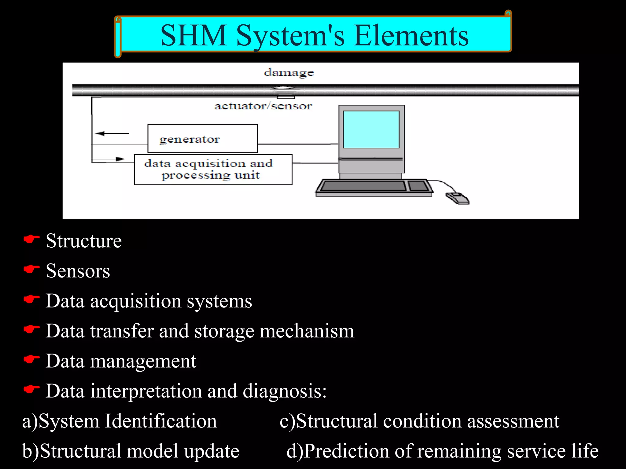  Structure
 Sensors
 Data acquisition systems
 Data transfer and storage mechanism
 Data management
 Data interpretation and diagnosis:
a)System Identification c)Structural condition assessment
b)Structural model update d)Prediction of remaining service life
SHM System's Elements
 