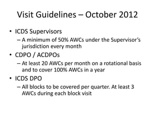 Visit Guidelines – October 2012 
• ICDS Supervisors 
– A minimum of 50% AWCs under the Supervisor’s 
jurisdiction every month 
• CDPO / ACDPOs 
– At least 20 AWCs per month on a rotational basis 
and to cover 100% AWCs in a year 
• ICDS DPO 
– All blocks to be covered per quarter. At least 3 
AWCs during each block visit 
 