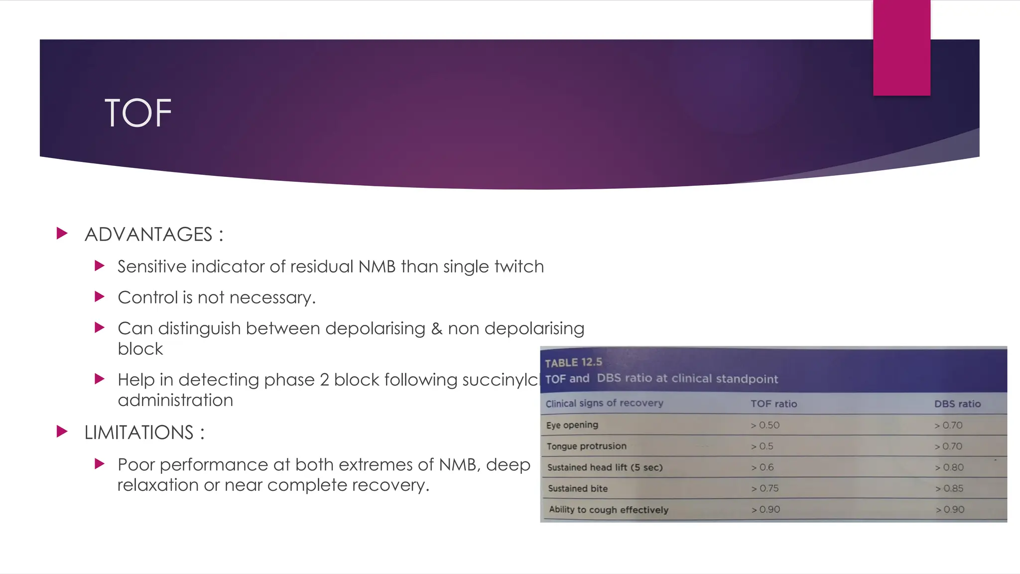 TOF
 ADVANTAGES :
 Sensitive indicator of residual NMB than single twitch
 Control is not necessary.
 Can distinguish between depolarising & non depolarising
block
 Help in detecting phase 2 block following succinylcholine
administration
 LIMITATIONS :
 Poor performance at both extremes of NMB, deep
relaxation or near complete recovery.
 