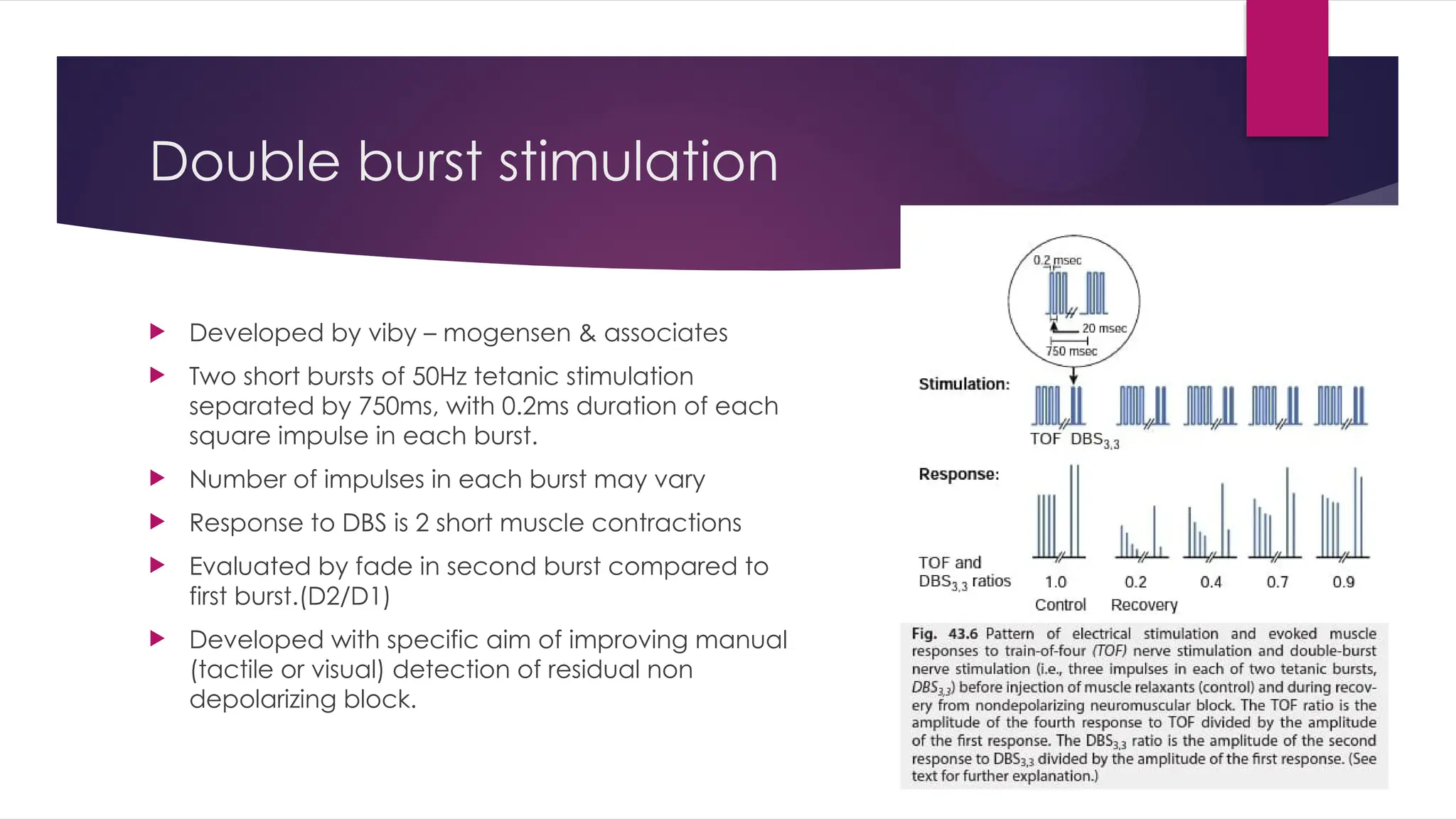 Double burst stimulation
 Developed by viby – mogensen & associates
 Two short bursts of 50Hz tetanic stimulation
separated by 750ms, with 0.2ms duration of each
square impulse in each burst.
 Number of impulses in each burst may vary
 Response to DBS is 2 short muscle contractions
 Evaluated by fade in second burst compared to
first burst.(D2/D1)
 Developed with specific aim of improving manual
(tactile or visual) detection of residual non
depolarizing block.
 