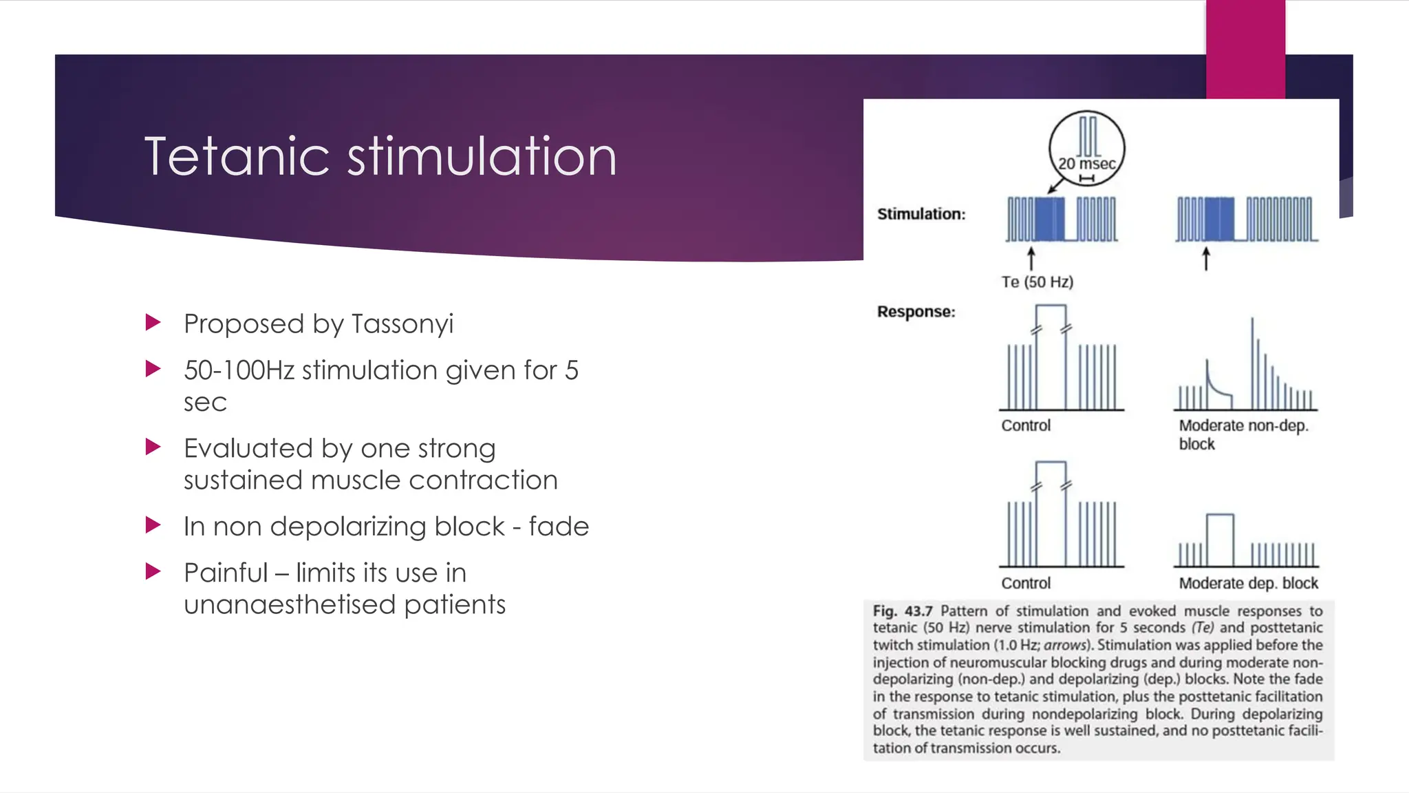 Tetanic stimulation
 Proposed by Tassonyi
 50-100Hz stimulation given for 5
sec
 Evaluated by one strong
sustained muscle contraction
 In non depolarizing block - fade
 Painful – limits its use in
unanaesthetised patients
 