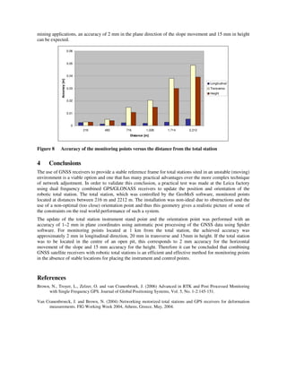 mining applications, an accuracy of 2 mm in the plane direction of the slope movement and 15 mm in height
can be expected.
0
0.01
0.02
0.03
0.04
0.05
0.06
216 483 716 1,028 1,714 2,212
Distance [m]
Accuracy[m]
Longitudinal
Transverse
Height
Figure 8 Accuracy of the monitoring points versus the distance from the total station
4 Conclusions
The use of GNSS receivers to provide a stable reference frame for total stations sited in an unstable (moving)
environment is a viable option and one that has many practical advantages over the more complex technique
of network adjustment. In order to validate this conclusion, a practical test was made at the Leica factory
using dual frequency combined GPS/GLONASS receivers to update the position and orientation of the
robotic total station. The total station, which was controlled by the GeoMoS software, monitored points
located at distances between 216 m and 2212 m. The installation was non-ideal due to obstructions and the
use of a non-optimal (too close) orientation point and thus this geometry gives a realistic picture of some of
the constraints on the real world performance of such a system.
The update of the total station instrument stand point and the orientation point was performed with an
accuracy of 1–2 mm in plane coordinates using automatic post processing of the GNSS data using Spider
software. For monitoring points located at 1 km from the total station, the achieved accuracy was
approximately 2 mm in longitudinal direction, 20 mm in transverse and 15mm in height. If the total station
was to be located in the centre of an open pit, this corresponds to 2 mm accuracy for the horizontal
movement of the slope and 15 mm accuracy for the height. Therefore it can be concluded that combining
GNSS satellite receivers with robotic total stations is an efficient and effective method for monitoring points
in the absence of stable locations for placing the instrument and control points.
References
Brown, N., Troyer, L., Zelzer, O. and van Cranenbroek, J. (2006) Advanced in RTK and Post Processed Monitoring
with Single Frequency GPS. Journal of Global Positioning Systems, Vol. 5, No. 1-2:145-151.
Van Cranenbroeck, J. and Brown, N. (2004) Networking motorized total stations and GPS receivers for deformation
measurements. FIG Working Week 2004, Athens, Greece, May, 2004.
 