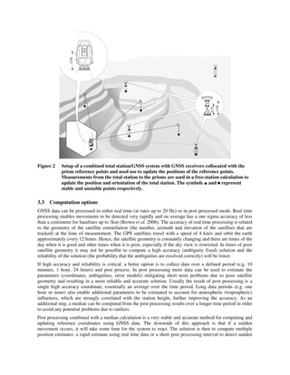 Figure 2 Setup of a combined total station/GNSS system with GNSS receivers collocated with the
prism reference points and used use to update the positions of the reference points.
Measurements from the total station to the prisms are used in a free-station calculation to
update the position and orientation of the total station. The symbols and represent
stable and unstable points respectively.
3.3 Computation options
GNSS data can be processed in either real time (at rates up to 20 Hz) or in post processed mode. Real time
processing enables movements to be detected very rapidly and on average has a one sigma accuracy of less
than a centimetre for baselines up to 3km (Brown et al. 2006). The accuracy of real time processing is related
to the geometry of the satellite constellation (the number, azimuth and elevation of the satellites that are
tracked) at the time of measurement. The GPS satellites travel with a speed of 4 km/s and orbit the earth
approximately every 12 hours. Hence, the satellite geometry is constantly changing and there are times of the
day when it is good and other times when it is poor, especially if the sky view is restricted. In times of poor
satellite geometry it may not be possible to compute a high accuracy (ambiguity fixed) solution and the
reliability of the solution (the probability that the ambiguities are resolved correctly) will be lower.
If high accuracy and reliability is critical, a better option is to collect data over a defined period (e.g. 10
minutes, 1 hour, 24 hours) and post process. In post processing more data can be used to estimate the
parameters (coordinates, ambiguities, error models) mitigating short term problems due to poor satellite
geometry and resulting in a more reliable and accurate solution. Usually the result of post processing is a
single high accuracy coordinate, essentially an average over the time period. Long data periods (e.g. one
hour or more) also enable additional parameters to be estimated to account for atmospheric (tropospheric)
influences, which are strongly correlated with the station height, further improving the accuracy. As an
additional step, a median can be computed from the post processing results over a longer time period in order
to avoid any potential problems due to outliers.
Post processing combined with a median calculation is a very stable and accurate method for computing and
updating reference coordinates using GNSS data. The downside of this approach is that if a sudden
movement occurs, it will take some time for the system to react. The solution is then to compute multiple
position estimates: a rapid estimate using real time data or a short post processing interval to detect sudden
 