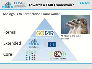 Towards a FAIR Framework?
Analogous to Certification Framework?
Formal
-----------------------------------
Extended
-----------------------------------------
Core
All noses in the same
direction?
 