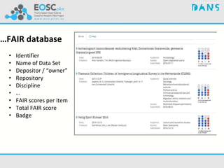 …FAIR database
• Identifier
• Name of Data Set
• Depositor / “owner”
• Repository
• Discipline
• …
• FAIR scores per item
• Total FAIR score
• Badge
 