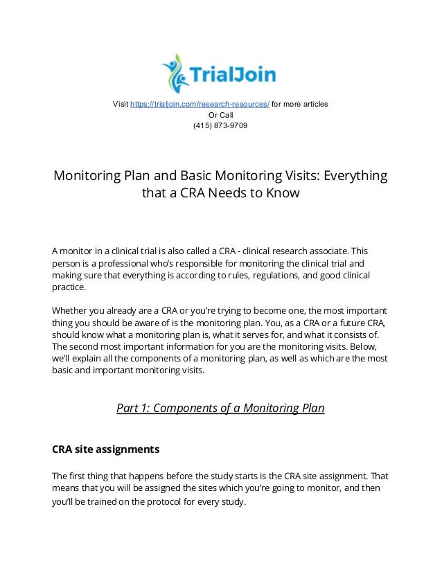 Monitoring Plan and Basic Monitoring Visits Everything that a CRA Ne…