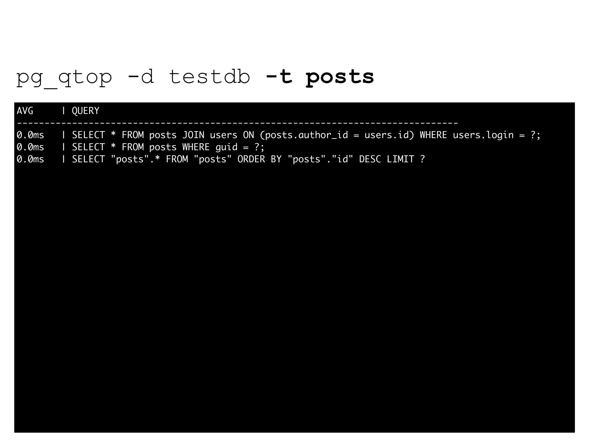 AVG | QUERY -------------------------------------------------------------------------------- 0.0ms | SELECT * FROM posts JOIN users ON (posts.author_id = users.id) WHERE users.login = ?; 0.0ms | SELECT * FROM posts WHERE guid = ?; 0.0ms | SELECT "posts".* FROM "posts" ORDER BY "posts"."id" DESC LIMIT ? pg_qtop -d testdb -t posts 