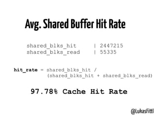 @LukasFittl
shared_blks_hit | 2447215
shared_blks_read | 55335
Avg.SharedBufferHitRate
hit_rate = shared_blks_hit /
(shared_blks_hit + shared_blks_read)
97.78% Cache Hit Rate
 