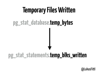 @LukasFittl
TemporaryFilesWritten
pg_stat_statements.temp_blks_written
pg_stat_database.temp_bytes
 