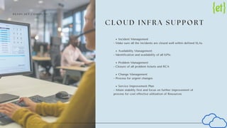 C L O U D I N F R A S U P P O R T
Incident Management
Availability Management
Problem Management
Change Management
Service Improvement Plan
- Make sure all the incidents are closed well within defined SLAs
- Identification and availability of all KPIs
- Closure of all problem tickets and RCA
- Process for urgent changes
- Attain stability first and focus on further improvement of
process for cost effective utilization of Resources
R E A D Y . S E T . C O M M U T E !
 