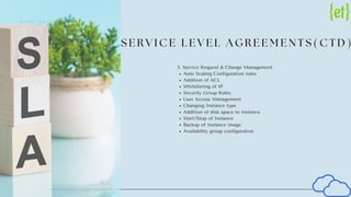 S E R V I C E L E V E L A G R E E M E N T S ( C T D )
Auto Scaling Configuration rules
Addition of ACL
Whitelisting of IP
Security Group Rules
User Access Management
Changing Instance type
Addition of disk space to Instance
Start/Stop of Instance
Backup of Instance image
Availability group configuration
3. Service Request & Change Management
R E A D Y . S E T . C O M M U T E !
 