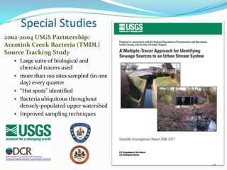 Special Studies
2002-2004 USGS Partnership:
Accotink Creek Bacteria (TMDL)
Source Tracking Study
 Large suite of biological and
chemical tracers used
 more than 100 sites sampled (in one
day) every quarter
 “Hot spots” identified
 Bacteria ubiquitous throughout
densely-populated upper watershed
 Improved sampling techniques
12
 