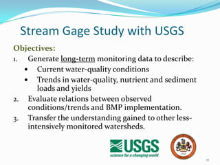 Stream Gage Study with USGS
Objectives:
1. Generate long-term monitoring data to describe:
 Current water-quality conditions
 Trends in water-quality, nutrient and sediment
loads and yields
2. Evaluate relations between observed
conditions/trends and BMP implementation.
3. Transfer the understanding gained to other less-
intensively monitored watersheds.
17
 