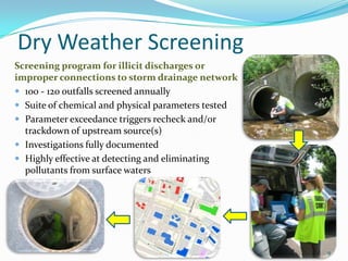 Dry Weather Screening
Screening program for illicit discharges or
improper connections to storm drainage network
100 - 120 outfalls screened annually
Suite of chemical and physical parameters tested
Parameter exceedance triggers recheck and/or
trackdown of upstream source(s)
Investigations fully documented
Highly effective at detecting and eliminating
pollutants from surface waters
9
 
