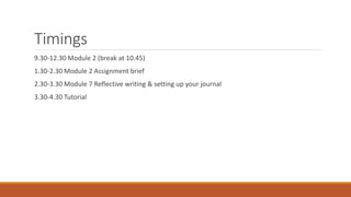 Timings
9.30-12.30 Module 2 (break at 10.45)
1.30-2.30 Module 2 Assignment brief
2.30-3.30 Module 7 Reflective writing & setting up your journal
3.30-4.30 Tutorial
 