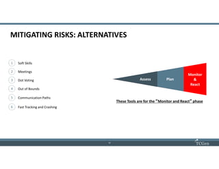 12
1212
MITIGATING RISKS: ALTERNATIVES
1 Soft Skills
2 Meetings
3 Dot Voting
4 Out of Bounds
5 Communication Paths
6 Fast Tracking and Crashing
Assess Plan
Monitor
&
React
These Tools are for the “Monitor and React” phase
 