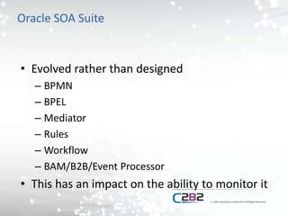 Oracle SOA Suite
• Evolved rather than designed
– BPMN
– BPEL
– Mediator
– Rules
– Workflow
– BAM/B2B/Event Processor
• This has an impact on the ability to monitor it
 