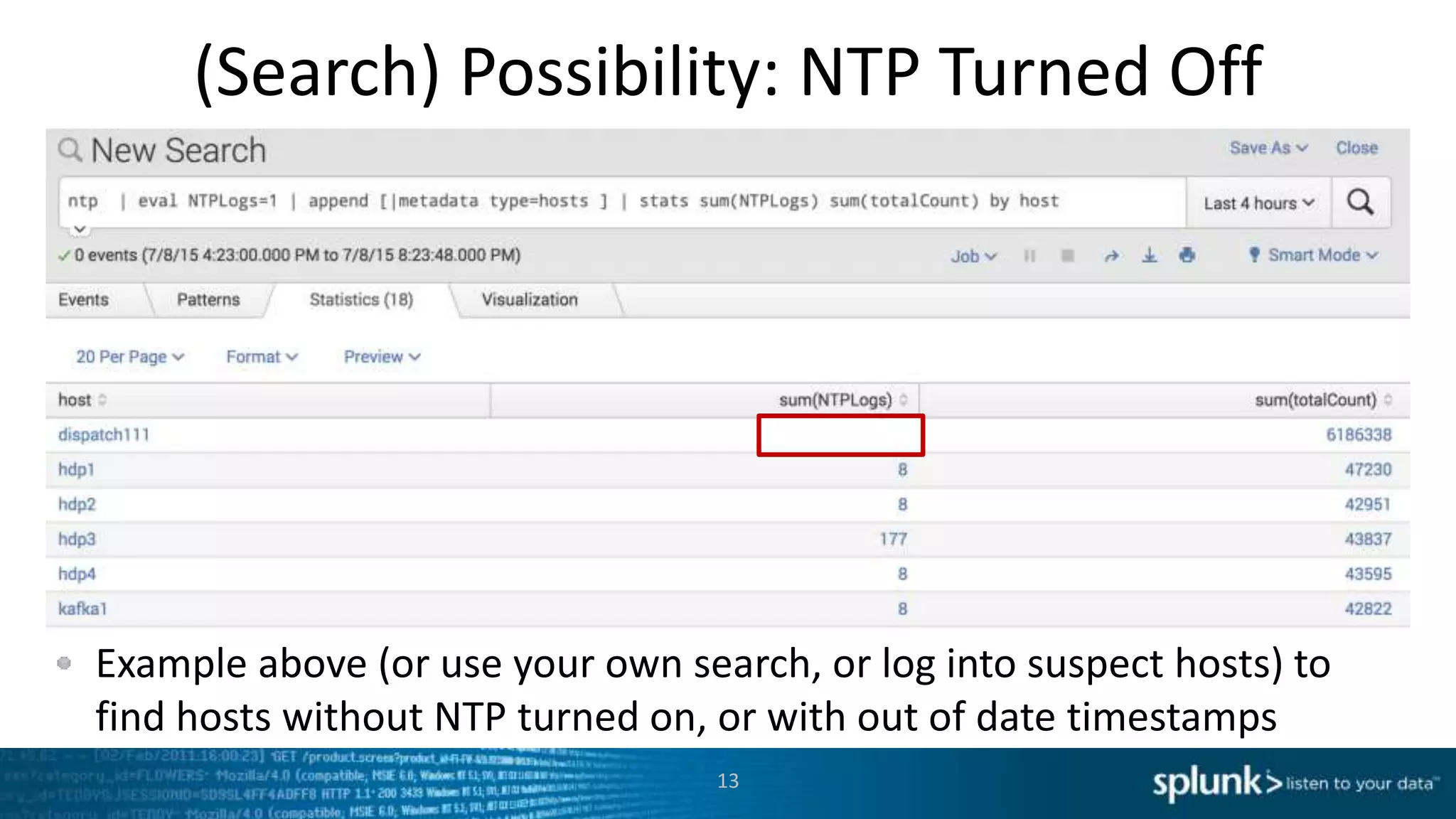 (Search) Possibility: NTP Turned Off
Example above (or use your own search, or log into suspect hosts) to
find hosts without NTP turned on, or with out of date timestamps
13
 