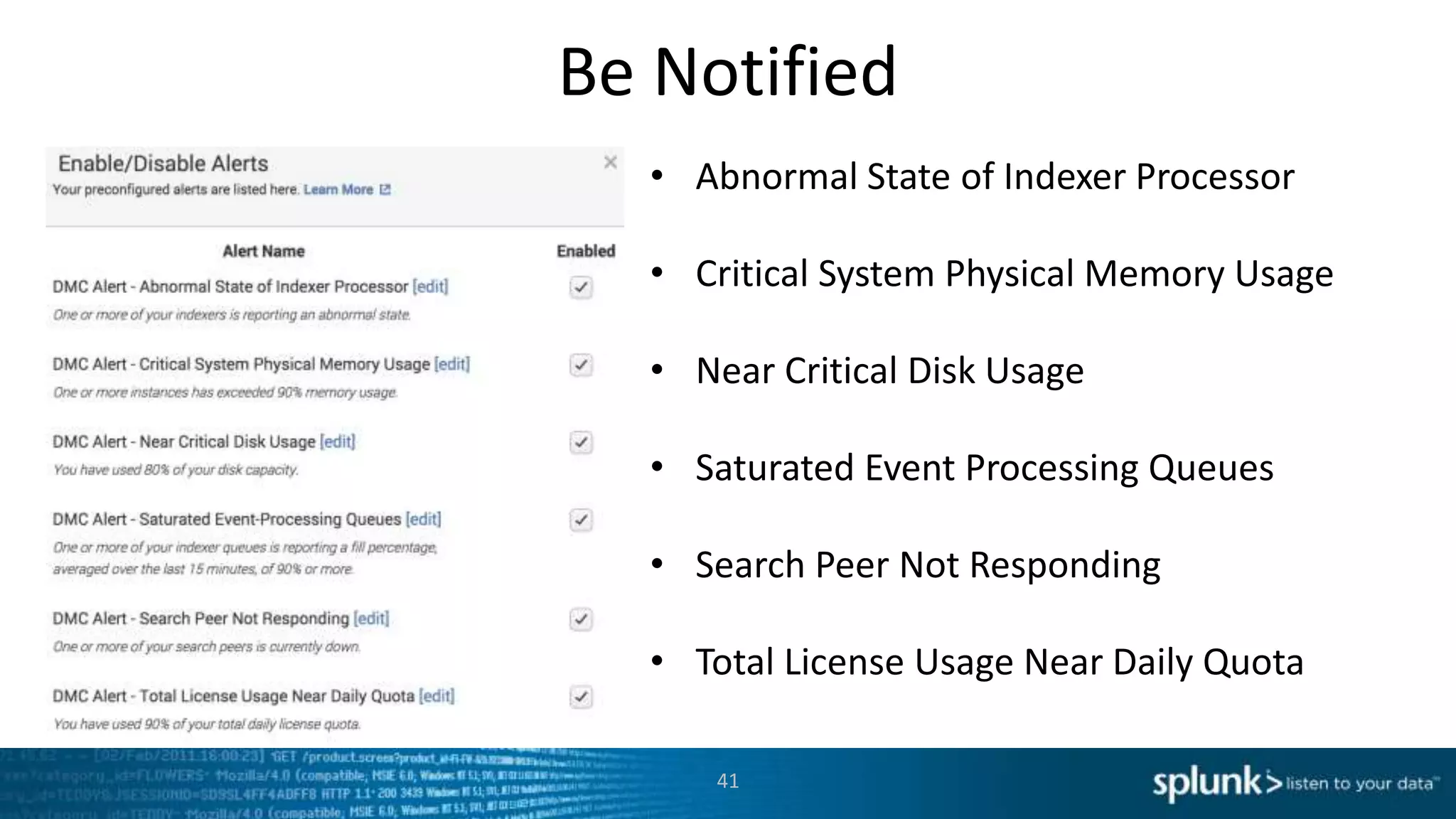 Be Notified
41
• Abnormal State of Indexer Processor
• Critical System Physical Memory Usage
• Near Critical Disk Usage
• Saturated Event Processing Queues
• Search Peer Not Responding
• Total License Usage Near Daily Quota
 