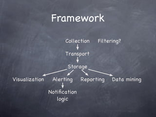 Framework
                      Collection    Filtering?

                      Transport

                       Storage

Visualization    Alerting     Reporting   Data mining

                Notiﬁcation
                   logic
 