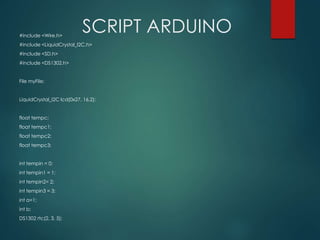 SCRIPT ARDUINO#include <Wire.h>
#include <LiquidCrystal_I2C.h>
#include <SD.h>
#include <DS1302.h>
File myFile;
LiquidCrystal_I2C lcd(0x27, 16,2);
float tempc;
float tempc1;
float tempc2;
float tempc3;
int tempin = 0;
int tempin1 = 1;
int tempin2= 2;
int tempin3 = 3;
int a=1;
int b;
DS1302 rtc(2, 3, 5);
 