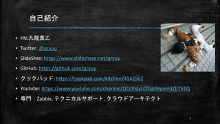 自己紹介
▪ PN:九龍真乙
▪ Twitter: @qryuu
▪ SlideShre: https://www.slideshare.net/qryuu
▪ GitHub: https://github.com/qryuu
▪ クックパッド: https://cookpad.com/kitchen/4142562
▪ Youtube: https://www.youtube.com/channel/UCcPidyLCfGp49pmF4Zb761Q
▪ 専門：Zabbix, テクニカルサポート, クラウドアーキテクト
2
 