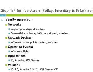 18
Step 1:Prioritize Assets (Policy, Inventory & Prioritize)
 Identify assets by:
 Networks
 Logical groupings of devices
 Connectivity - None, LAN, broadband, wireless
 Network Devices
 Wireless access points, routers, switches
 Operating System
 Windows, Unix
 Applications
 IIS, Apache, SQL Server
 Versions
 IIS 5.0, Apache 1.3.12, SQL Server V.7
 