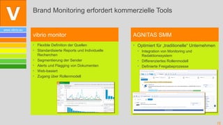 Brand Monitoring erfordert kommerzielle Tools

www.vibrio.eu
                vibrio monitor                               AGNITAS SMM
                • Flexible Definition der Quellen            • Optimiert für „traditionelle“ Unternehmen
                • Standardisierte Reports und Individuelle     • Integration von Monitoring und
                  Recherchen                                     Redaktionssystem
                • Segmentierung der Sender                     • Differenziertes Rollenmodell
                • Alerts und Flagging von Dokumenten           • Definierte Freigabeprozesse
                • Web-basiert
                • Zugang über Rollenmodell




                                                                                                           15
 