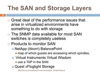 The SAN and Storage Layers
 Great deal of the performance issues that
arise in virtualized environments have
something to do with storage
 The SNMP data available for most SAN
switches is completely useless
 Products to monitor SAN
 NetApp (Akorri) BalancePoint
 map of which guests are accessing which spindles.
 Virtual Instruments Virtual Wisdom
 use a TAP in the SAN
 Quest vFloglight Storage
Monitoring Virtualized Environments|Ah. Khalid Nasrat
16
 